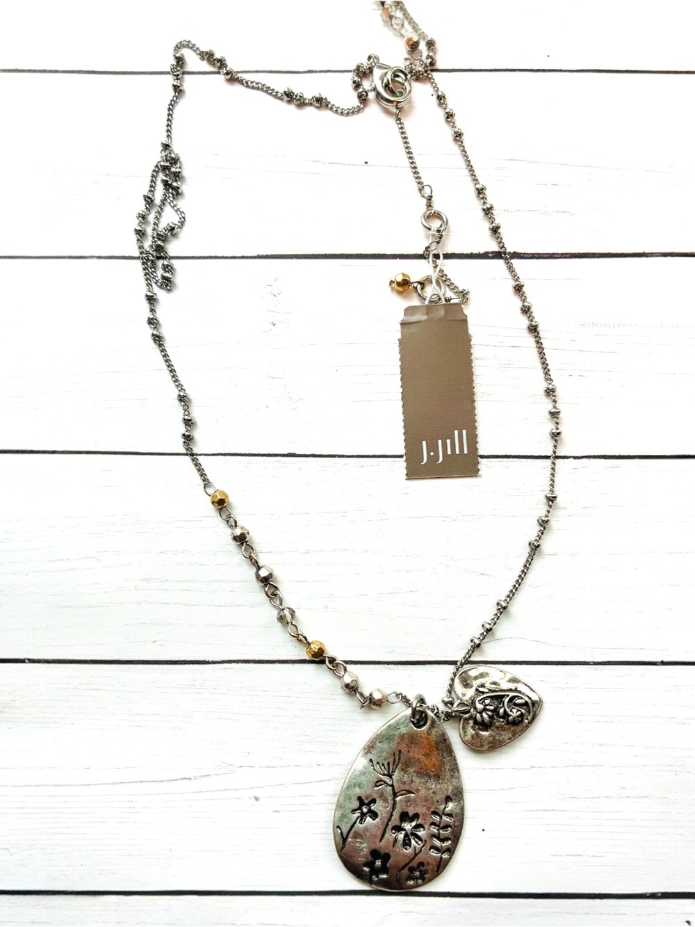 NEW NWT J. Jill Etched Silver Botanical Teardrop Heart Charm Necklace
